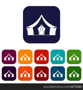 Tent, camping symbol icons set vector illustration in flat style In colors red, blue, green and other. Tent, camping symbol icons set flat