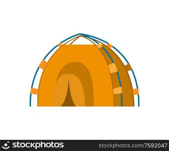 Tent camping, yellow canopy, equipment for outdoor travel. Nature tourism, journey or adventure, flat design booth, empty stall isolated on white vector. Nature Tourism, Yellow Tabernacle or Tent Vector