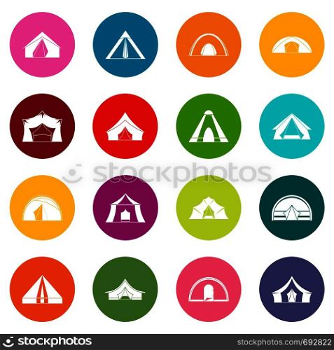 Tent forms icons many colors set isolated on white for digital marketing. Tent forms icons many colors set