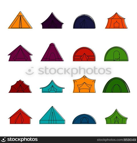 Tent forms icons set. Doodle illustration of vector icons isolated on white background for any web design. Tent forms icons doodle set