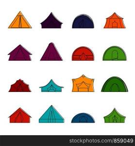 Tent forms icons set. Doodle illustration of vector icons isolated on white background for any web design. Tent forms icons doodle set