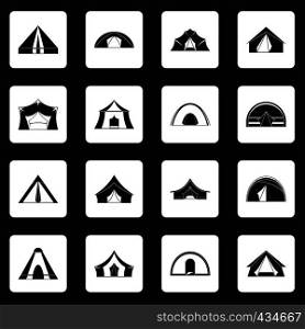 Tent forms icons set in white squares on black background simple style vector illustration. Tent forms icons set squares vector