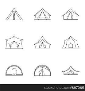 Tent icon set. Outline set of 9 tent vector icons for web isolated on white background. Tent icon set, outline style