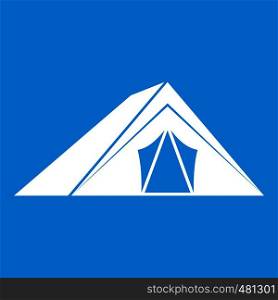 Tent icon white isolated on blue background vector illustration. Tent icon white
