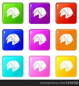 Tent icons set 9 color collection isolated on white for any design. Tent icons set 9 color collection