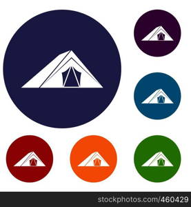 Tent icons set in flat circle reb, blue and green color for web. Tent icons set