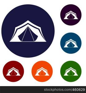 Tent icons set in flat circle reb, blue and green color for web. Tent icons set