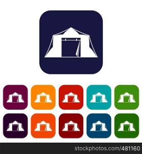 Tent icons set vector illustration in flat style in colors red, blue, green, and other. Tent icons set