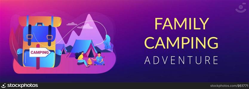 Tent in forest, tourists hiking, backpacking holiday. Summer camping, family camping adventure, sleepaway camp, best camping gears here concept. Header or footer banner template with copy space.. Summer camping concept banner header.