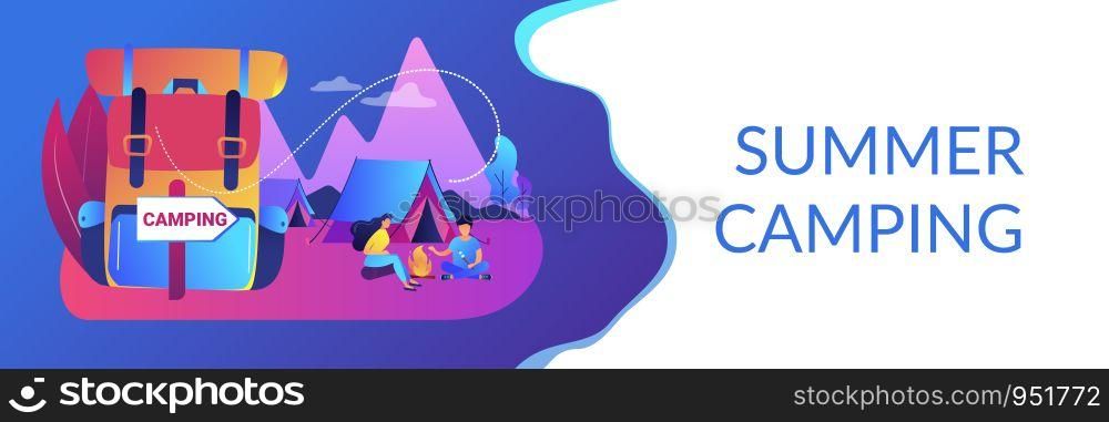 Tent in forest, tourists hiking, backpacking holiday. Summer camping, family camping adventure, sleepaway camp, best camping gears here concept. Header or footer banner template with copy space.. Summer camping concept banner header.