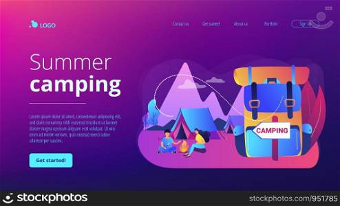 Tent in forest, tourists hiking, backpacking holiday. Summer camping, family camping adventure, sleepaway camp, best camping gears here concept. Website homepage landing web page template.. Summer camping concept landing page.
