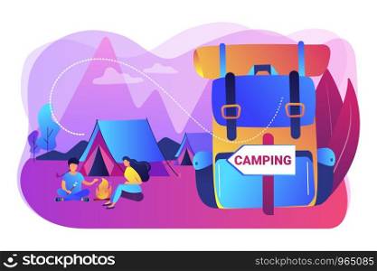 Tent in forest, tourists hiking, backpacking holiday. Summer camping, family camping adventure, sleepaway camp, best camping gears here concept. Bright vibrant violet vector isolated illustration. Summer camping concept vector illustration.