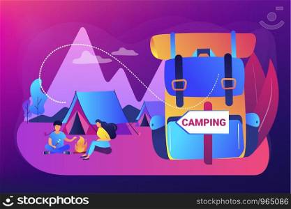 Tent in forest, tourists hiking, backpacking holiday. Summer camping, family camping adventure, sleepaway camp, best camping gears here concept. Bright vibrant violet vector isolated illustration. Summer camping concept vector illustration.