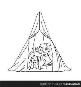 tent kid vector. room family boy girl, home children play, teepee house indoor tent kid character. people black line pencil drawing vector illustration. tent kid vector