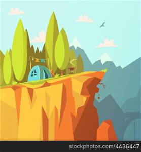 Tent On A Cliff Illustration . Hiking and tourism in the mountains background with tent on a cliff cartoon vector illustration