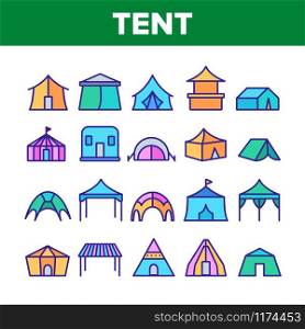Tent Travel And Circus Collection Icons Set Vector Thin Line. Touristic Camp Tent And Festival Carnival, Marquee And Shelter Concept Linear Pictograms. Color Contour Illustrations. Tent Travel And Circus Collection Icons Set Vector