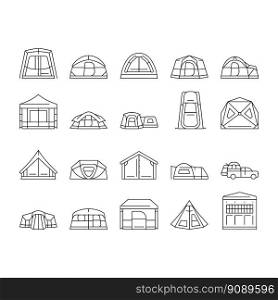 tent vacation travel tourism icons set vector. outdoor leisure, summer equipment, activity adventure, object shelter, recreation tent vacation travel tourism black contour illustrations. tent vacation travel tourism icons set vector