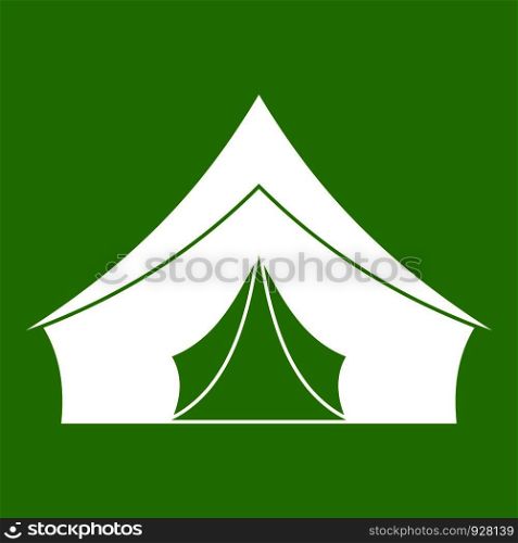 Tent with a triangular roof icon white isolated on green background. Vector illustration. Tent with a triangular roof icon green