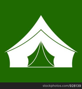 Tent with a triangular roof icon white isolated on green background. Vector illustration. Tent with a triangular roof icon green