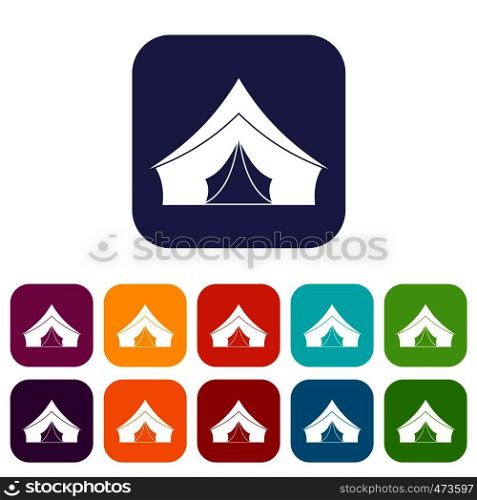 Tent with a triangular roof icons set vector illustration in flat style In colors red, blue, green and other. Tent with a triangular roof icons set flat