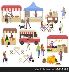 Tent with milk products, vegetables and flowers, coffee and fastfood bus. Women eating outdoor, people buying food in park or on street, ice-cream and fruit, retail vector, food court. Festival market. People Buying Products on Marketplace, Fair Vector