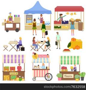 Tent with milk products, vegetables and flowers, coffee and fastfood bus. Women eating outdoor, people buying food, ice-cream and fruit, retail. Festival market. Vector illustration in flat cartoon. People Buying Products on Marketplace, Fair Vector