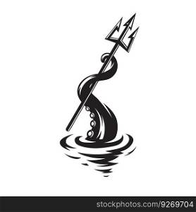 Tentacle and trident vector illustration. Kraken spear icon. Deep sea monster nautical mythology.