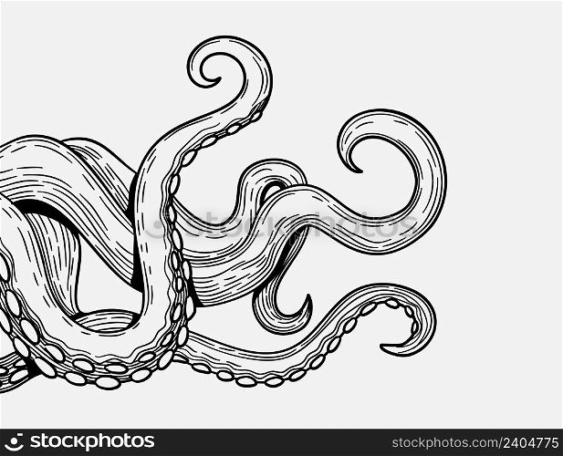 Tentacles banner. Octopus tentacle sketch element. Decorative engraving sea animal parts vector poster. Illustration of octopus sketch card banner background. Tentacles banner. Octopus tentacle sketch element. Decorative engraving sea animal parts vector poster