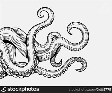Tentacles banner. Octopus tentacle sketch element. Decorative engraving sea animal parts vector poster. Illustration of octopus sketch card banner background. Tentacles banner. Octopus tentacle sketch element. Decorative engraving sea animal parts vector poster
