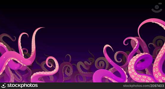 Tentacles of octopus, squid or kraken deep under water in sea. Vector cartoon illustration of ocean bottom with scary monster arms, purple and pink giant octopus tentacles with suckers. Tentacles of octopus deep under water in sea