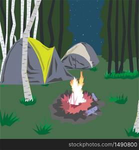 tents and bonfire in the twilight forest