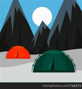 Tents in mountains background. Flat illustration of tents in mountains vector background for web design. Tents in mountains background, flat style