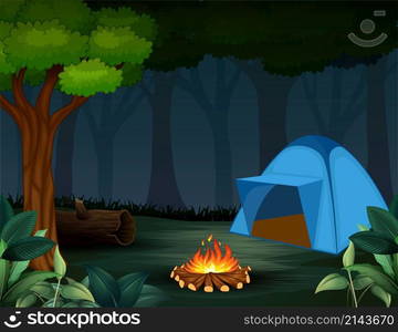 Tents with bonfire on dark night forest background