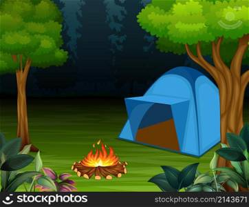 Tents with bonfire on dark night forest background