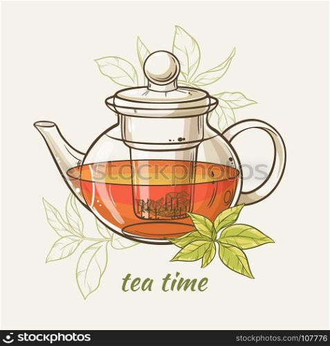 tepot with green tea leaves. Vector Illustration with glass teapot on color background