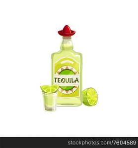 Tequila bottle with sombrero cap hat isolated. Vector glass and piece of lime, Mexican spirit drink. Bottle of tequila, sombrero cap, glass with lime