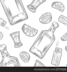 Tequila seamless pattern. Shot glass and bottle tequila, salt, lime. Engraving vintage style. Vector illustration.. Tequila seamless pattern. Shot glass and bottle tequila, salt, lime