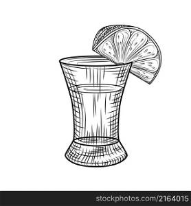 Tequila shot and slice lime isolated on white background. Full shot glass of alcohol. Vintage engraved style. Vector illustration. Tequila shot and slice lime isolated on white background. Full shot glass of alcohol.