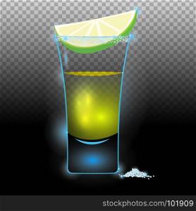 Tequila shot cocktail with slice of lime and salt.Neon cocktail with light glowing isolated on black background. Illustration of alcohol drink with transparency effect.