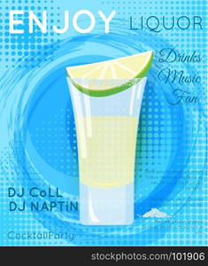 Tequila shot cocktail with slice of lime and salt on blue grunge circle with halftone texture.Cocktail illustration on bright contemporary flat background. Design for cocktail menu, bar poster, event invitation. Template for cocktail party.