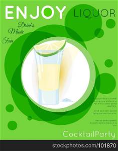Tequila shot cocktail with slice of lime and salt on green circles.Cocktail illustration on bright contemporary flat background. Design for cocktail menu, bar poster, event invitation. Template for cocktail party.