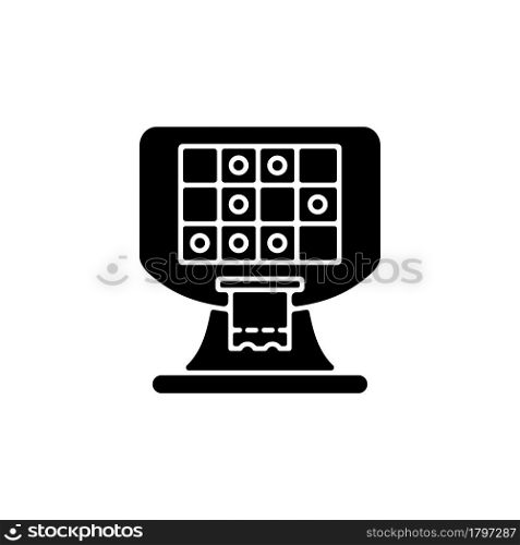 Terminal based lottery game black glyph icon. Electronic gambling machine. Self-service video gaming terminal. Printing tickets. Silhouette symbol on white space. Vector isolated illustration. Terminal based lottery game black glyph icon