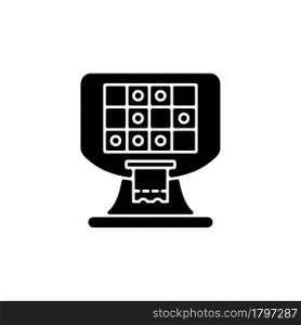 Terminal based lottery game black glyph icon. Electronic gambling machine. Self-service video gaming terminal. Printing tickets. Silhouette symbol on white space. Vector isolated illustration. Terminal based lottery game black glyph icon