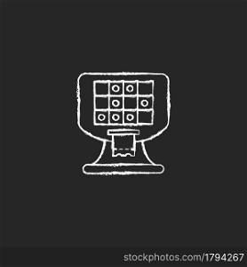 Terminal based lottery game chalk white icon on dark background. Electronic gambling machine. Self-service video gaming terminal. Printing tickets. Isolated vector chalkboard illustration on black. Terminal based lottery game chalk white icon on dark background