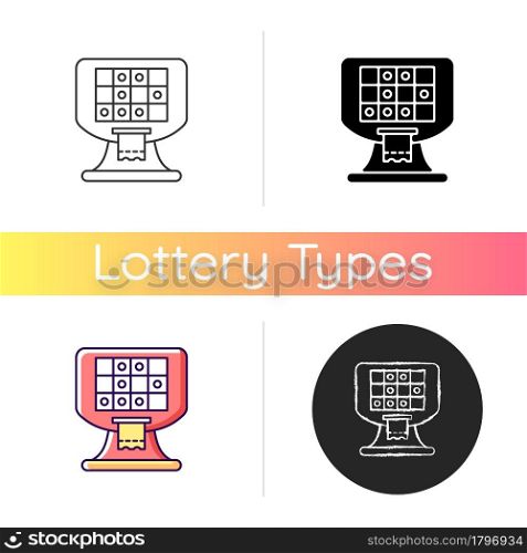 Terminal based lottery game icon. Electronic gambling machine. Self-service video gaming terminal. Printing tickets. Online games. Linear black and RGB color styles. Isolated vector illustrations. Terminal based lottery game icon