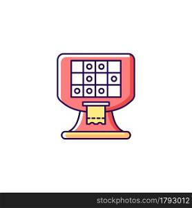 Terminal based lottery game RGB color icon. Electronic gambling machine. Self-service video gaming terminal. Printing tickets. Online games. Isolated vector illustration. Simple filled line drawing. Terminal based lottery game RGB color icon