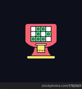 Terminal based lottery game RGB color icon for dark theme. Electronic gambling machine. Printing tickets. Isolated vector illustration on night mode background. Simple filled line drawing on black. Terminal based lottery game RGB color icon for dark theme