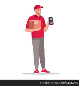 Terminal payment for delivery semi flat RGB color vector illustration. Deliveryman with parcel. Caucasian male courier in red uniform isolated cartoon character on white background. Terminal payment for delivery semi flat RGB color vector illustration
