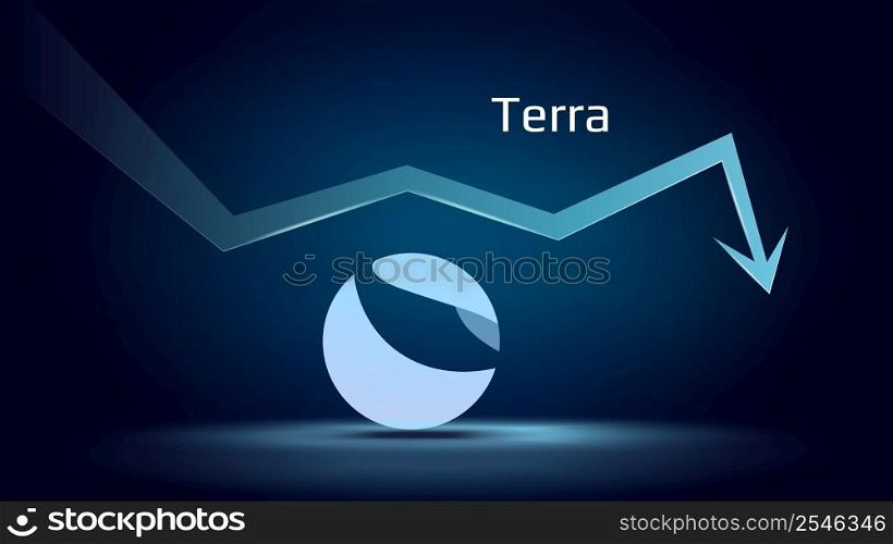 Terra LUNA in downtrend and price falls down on dark blue background. Cryptocurrency coin symbol and neon down arrow. Cryptocurrency trading crisis and crash. Vector illustration.. Terra LUNA in downtrend and price falls down on dark blue background. Cryptocurrency coin symbol and neon down arrow. Cryptocurrency trading crisis and crash.