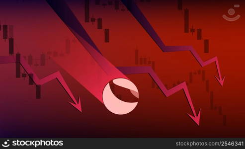 Terra LUNA in downtrend and price falls down on dark red background. Cryptocurrency coin symbol and red down arrow. Cryptocurrency trading crisis and crash. Vector illustration.. Terra LUNA in downtrend and price falls down on dark red background. Cryptocurrency coin symbol and red down arrow. Cryptocurrency trading crisis and crash.
